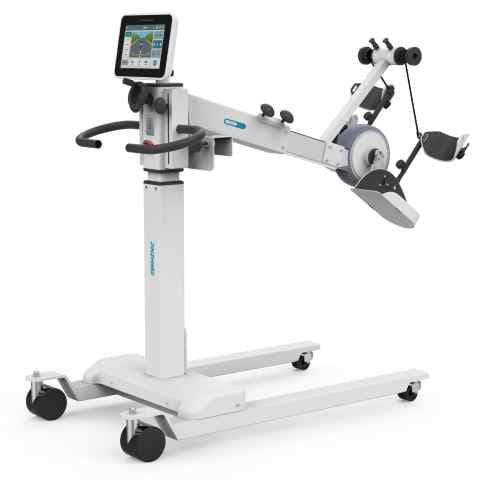 Lower limb bedside trainer with height-adjustable column, pedals, and touchscreen