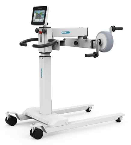Upper limb bedside trainer with height-adjustable column and touchscreen